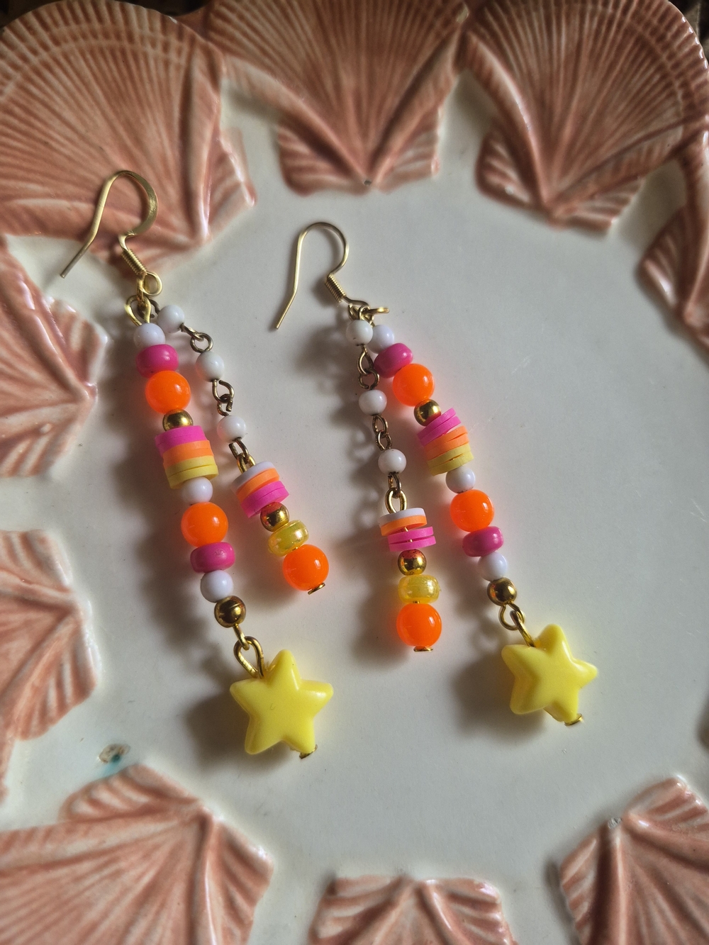 Handmade Yellow Star Beaded Dangle Earrings - Neon Pink & Orange Accents